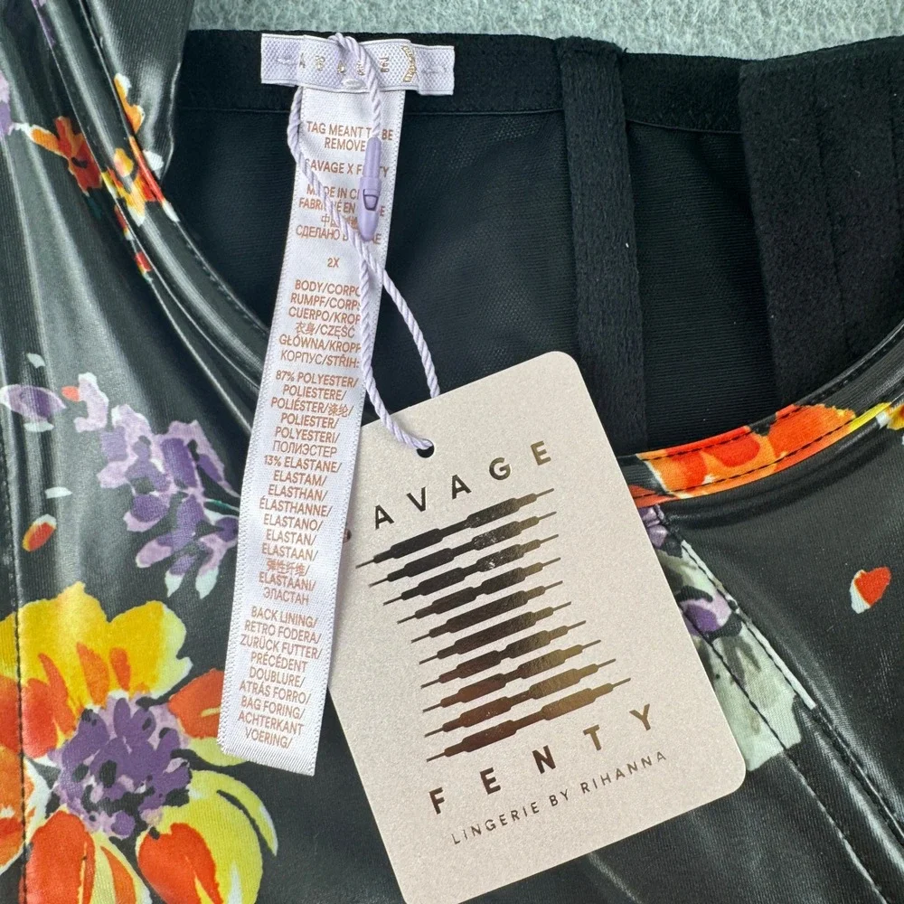 Savage X Fenty Lingerie Set Women 2X/XL Black Floral Corset Top Thong Leather